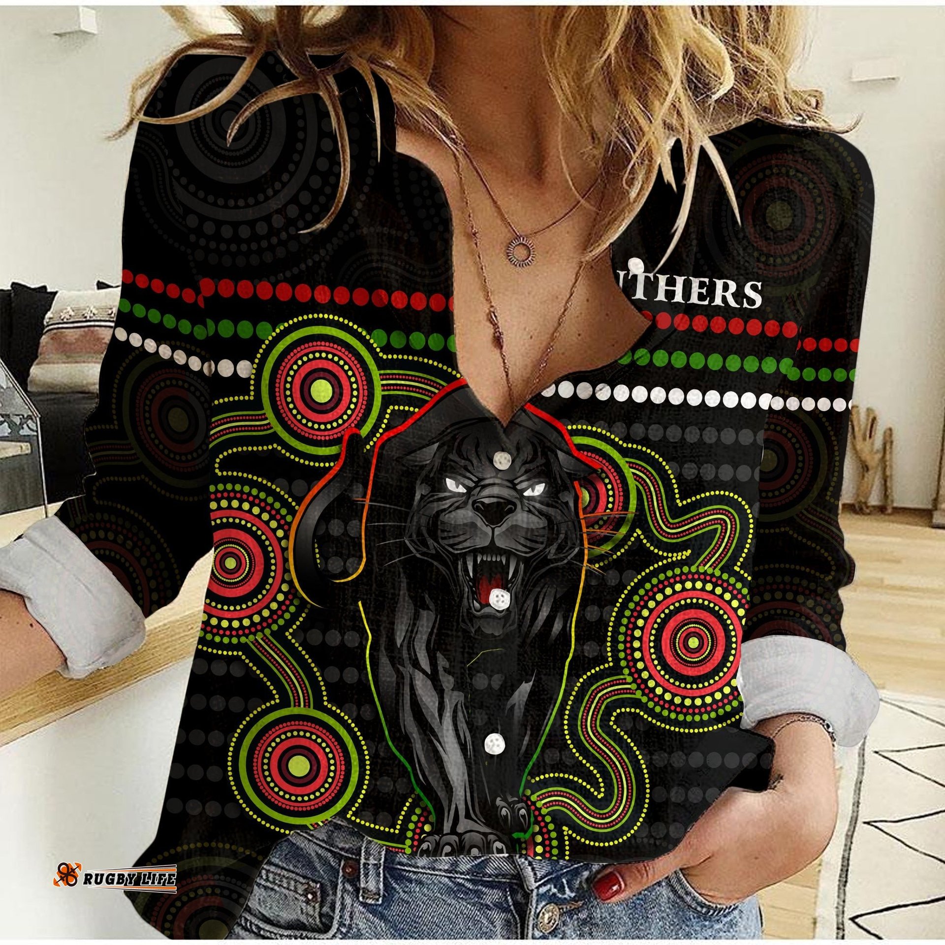 Custom Personalised Panthers Indigenous Women Casual Shirt Version Black Alternate