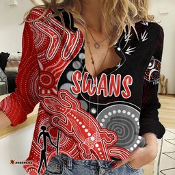 Personalised NAIDOC Week 2023 AFL Swans Women Casual Shirt Aboriginal Dot Art Lizard Mix Boomerang