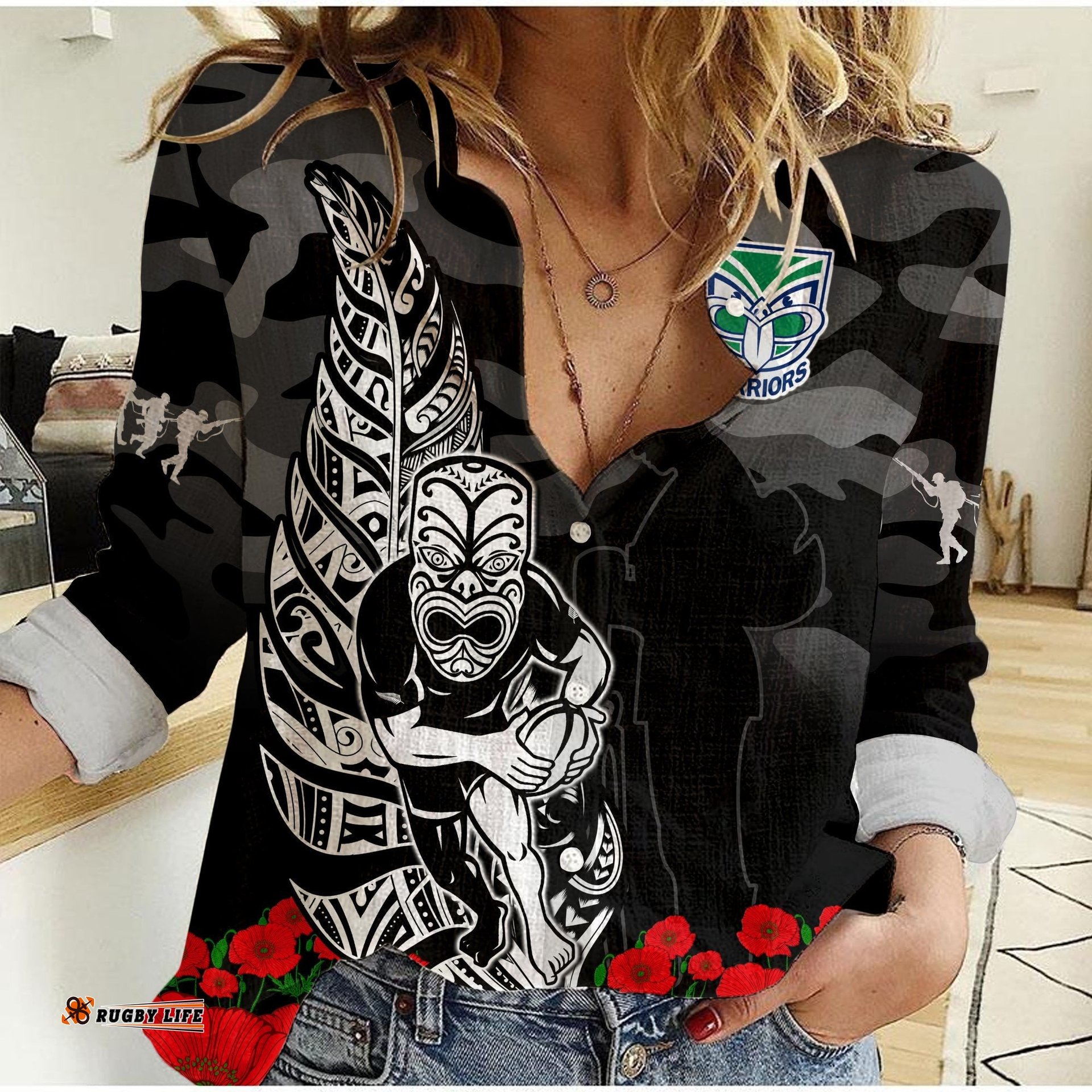 Warriors ANZAC 2023 Women Casual Shirt NZ Fern Camouflage Poppy Mix Aboriginal