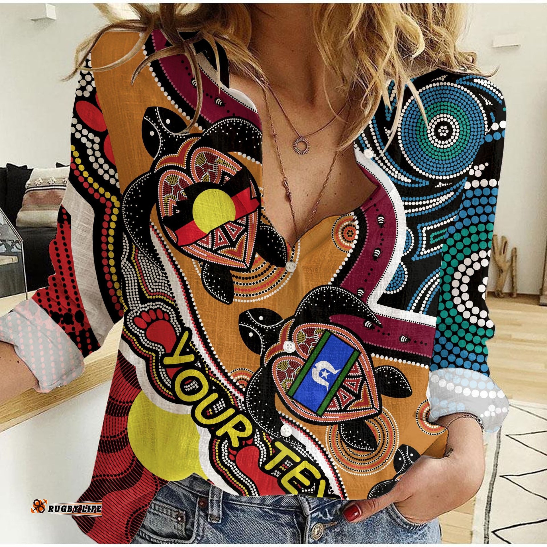 Custom Personalised Australia Aboriginal Dots With Turtle and NAIDOC Flags Women Casual Shirt