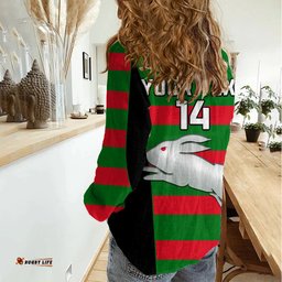 Custom Text And Number Rabbitohs Rugby Women Casual Shirt Go Souths 1908 Sporty Style Black