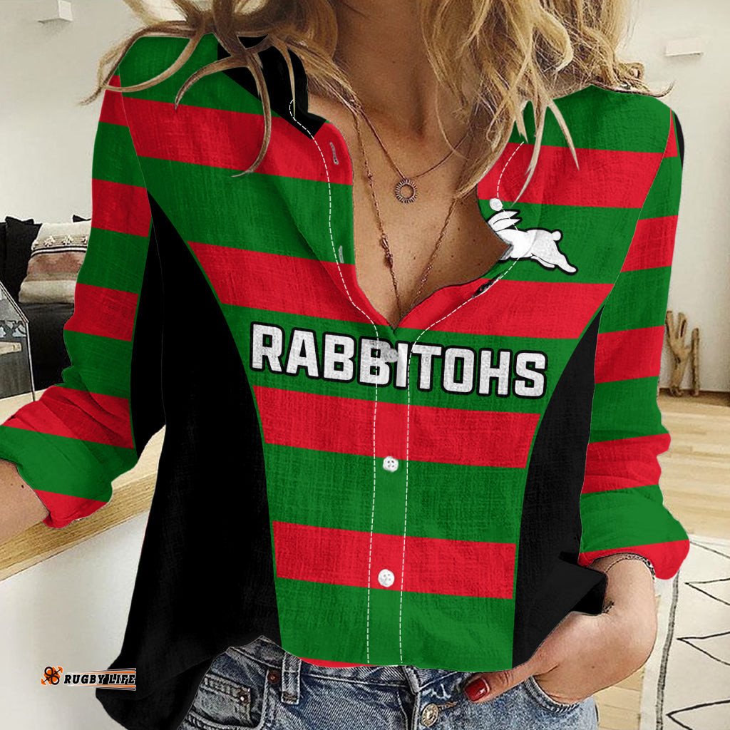 Custom Text And Number Rabbitohs Rugby Women Casual Shirt Go Souths 1908 Sporty Style Black