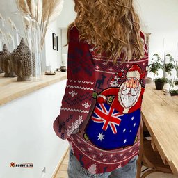 Women Casual Shirt Christmas Australia Santa Claus Hold The Flag Red