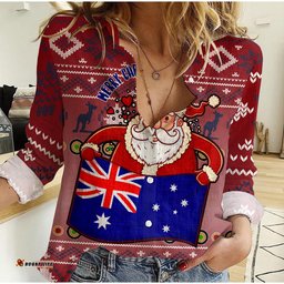 Women Casual Shirt Christmas Australia Santa Claus Hold The Flag Red