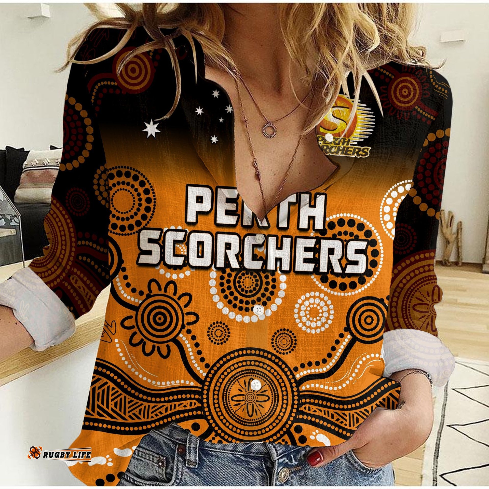 Custom Text And Number Perth Scorchers Women Casual Shirt Gradient Aboriginal Dot Painting