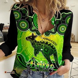 Personalised Australia Aries Kangaroo Zodiac Women Casual Shirt Auz Astrology Aboriginal - Green