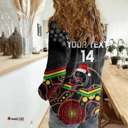 Custom Panthers Rugby Christmas Women Casual Shirt Merry Xmas 2023 Mix Aboriginal Art Black Version