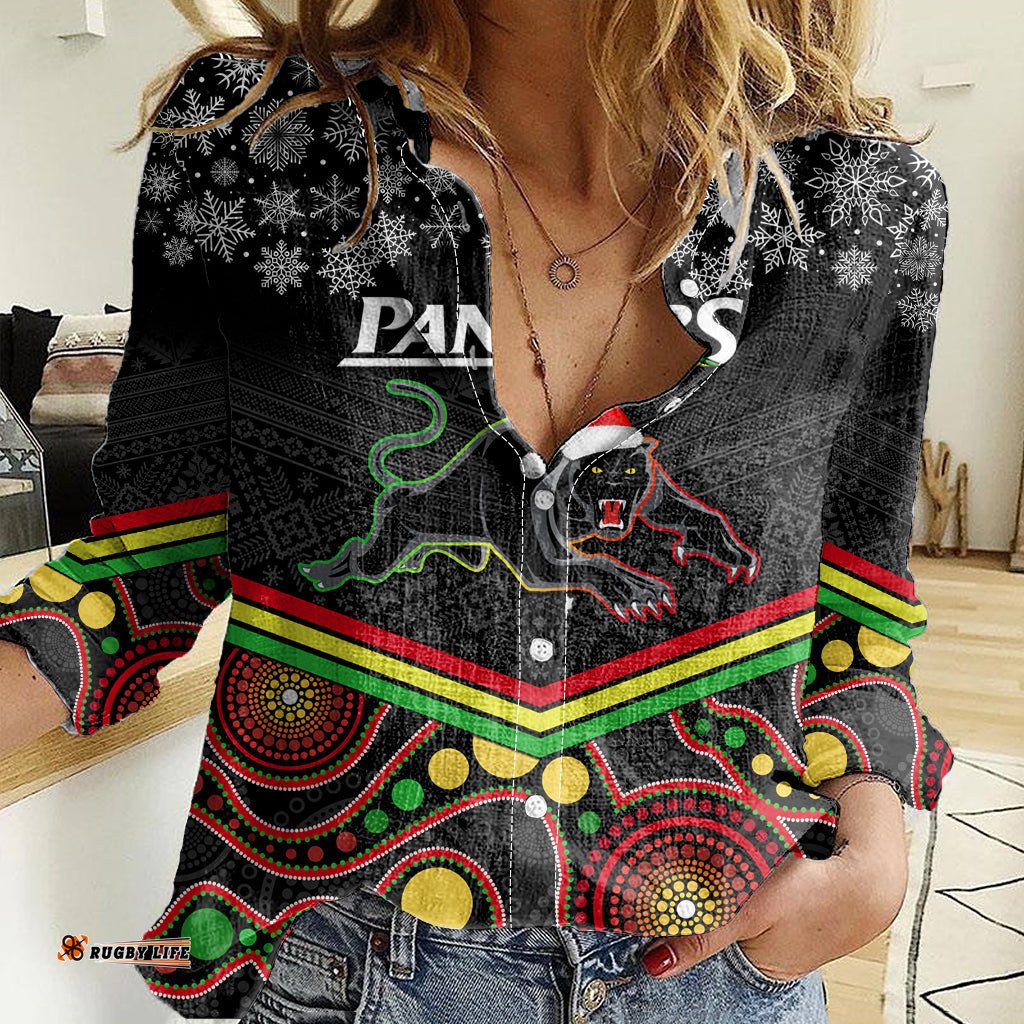 Custom Panthers Rugby Christmas Women Casual Shirt Merry Xmas 2023 Mix Aboriginal Art Black Version