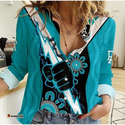 Custom Text And Number Port Adelaide Football Women Casual Shirt Power Thunder Hand Mix Aboriginal Dynamic