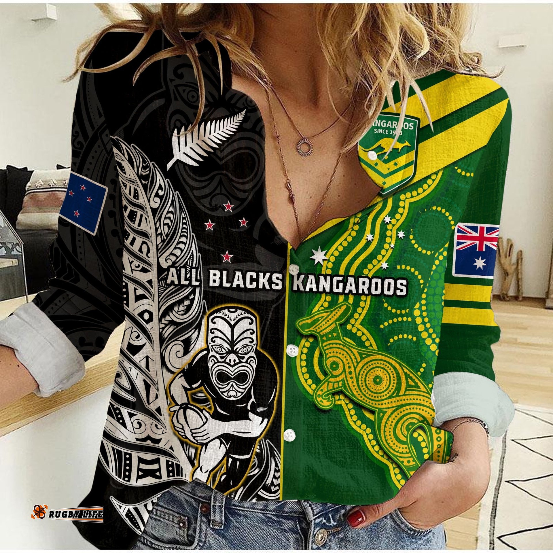 Custom Personalised Australia Kangaroos And All Black Rugby Women Casual Shirt Aboriginal Mix NZ Maori Fern