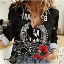 Custom Text and Number Magpies Football ANZAC Day Women Casual Shirt Speical Poppy mix Aboriginal