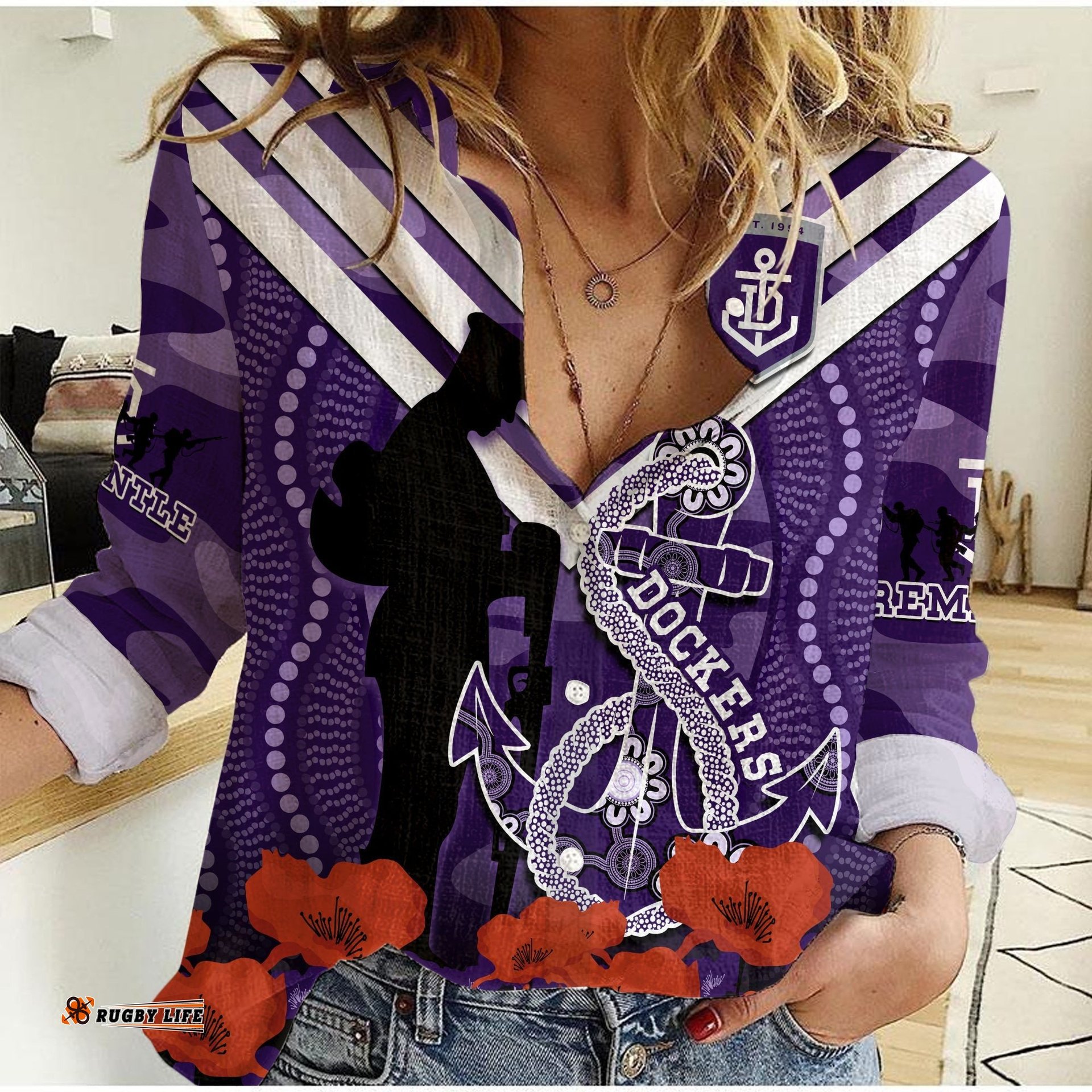 Custom Text And Number Dockers Football ANZAC 2023 Women Casual Shirt Aboriginal Mix Poppy Camouflage