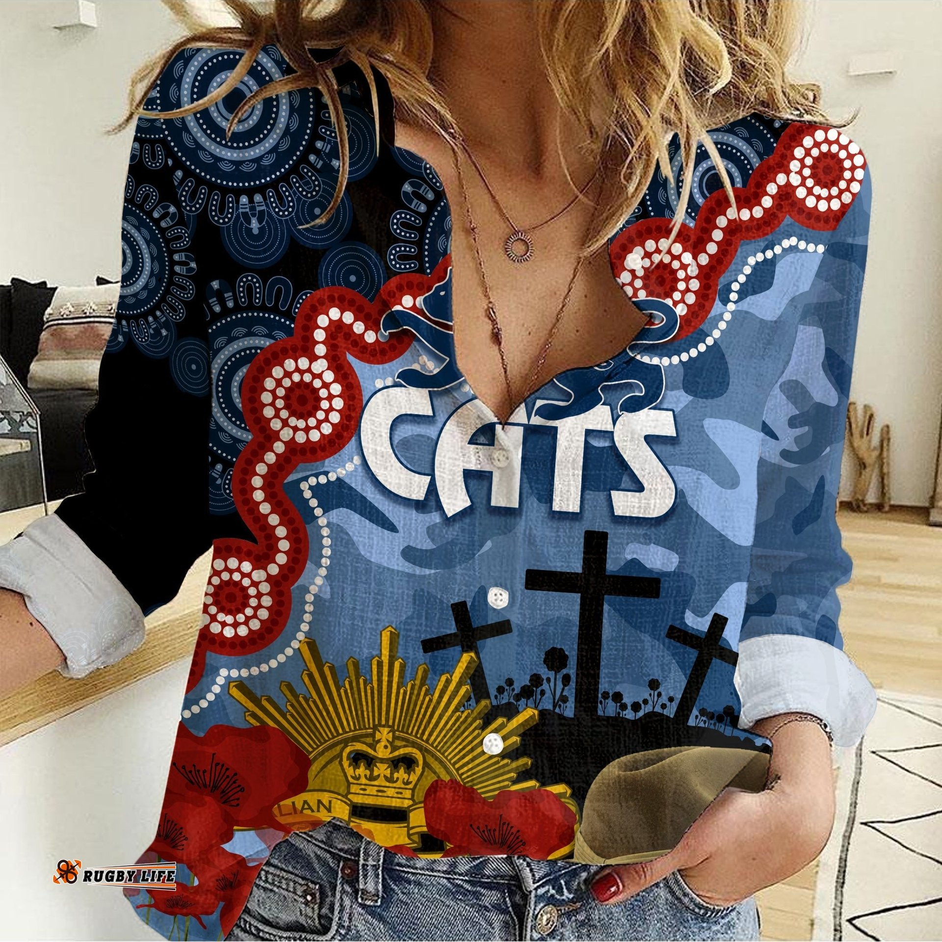Cats Football ANZAC 2023 Women Casual Shirt Aboriginal Mix Slouch Hat