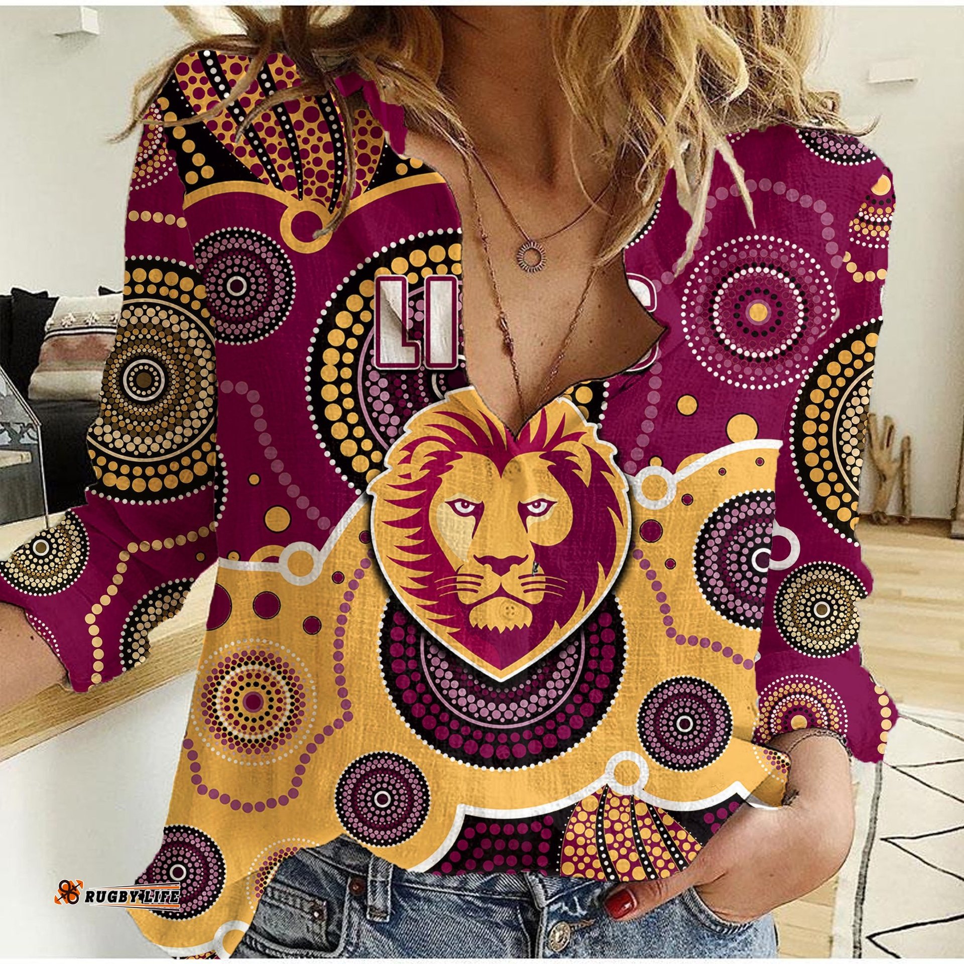 Custom Personalised And Number Lions AFL Women Casual Shirt Aboriginal Patterns