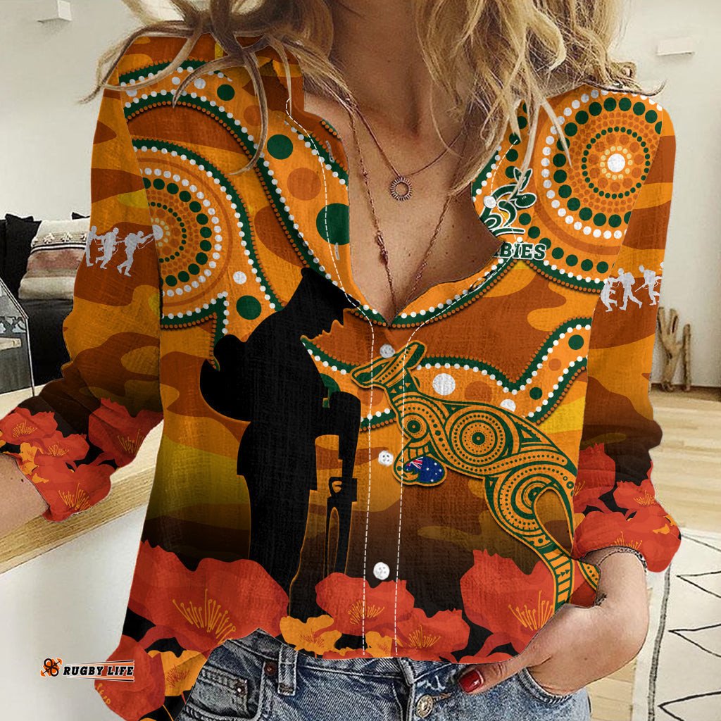 Wallabies Rugby ANZAC Women Casual Shirt Aboriginal Camouflage Lest We Forget