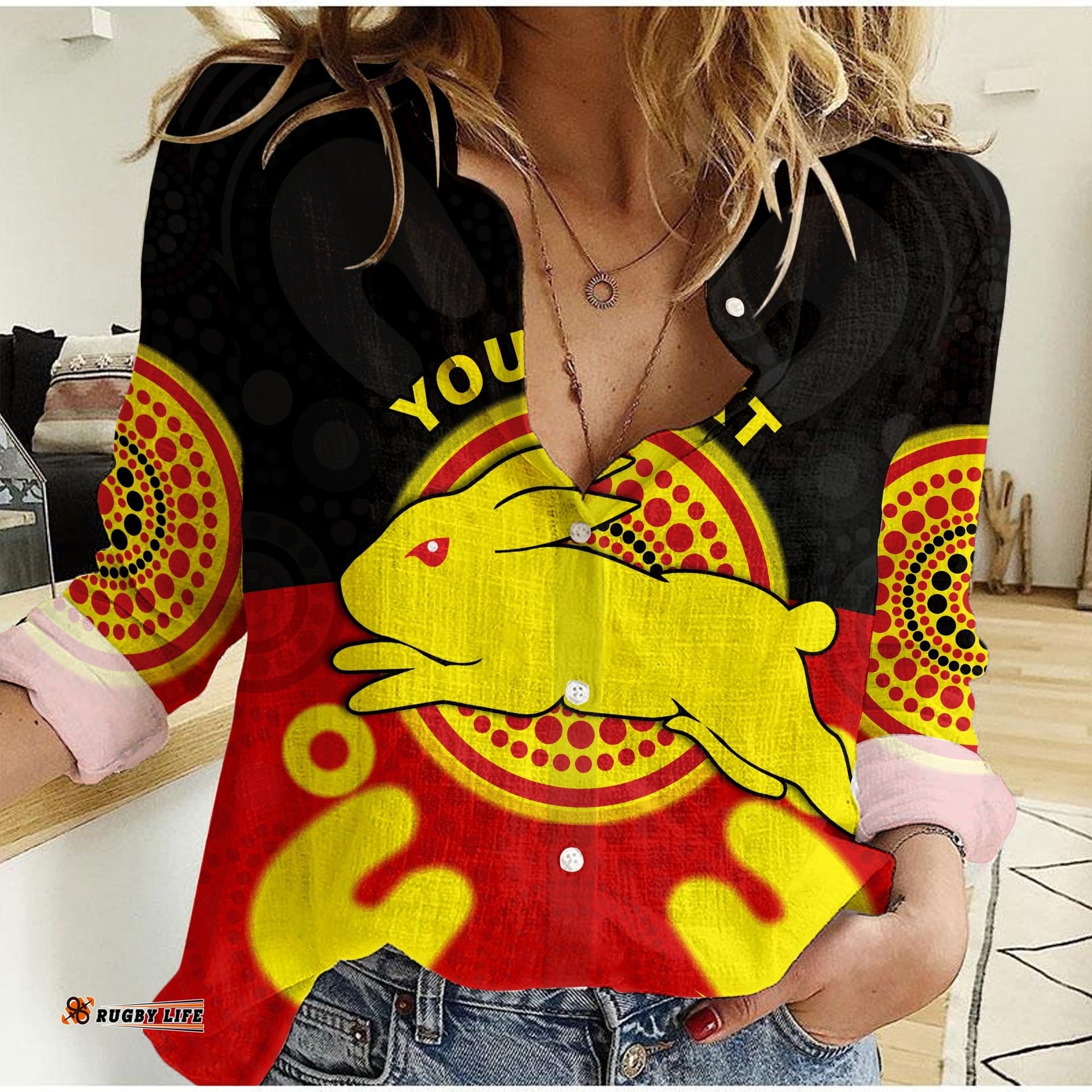 Custom Personalised Rabbitohs Indigenous Women Casual Shirt Style Aboriginal Flag