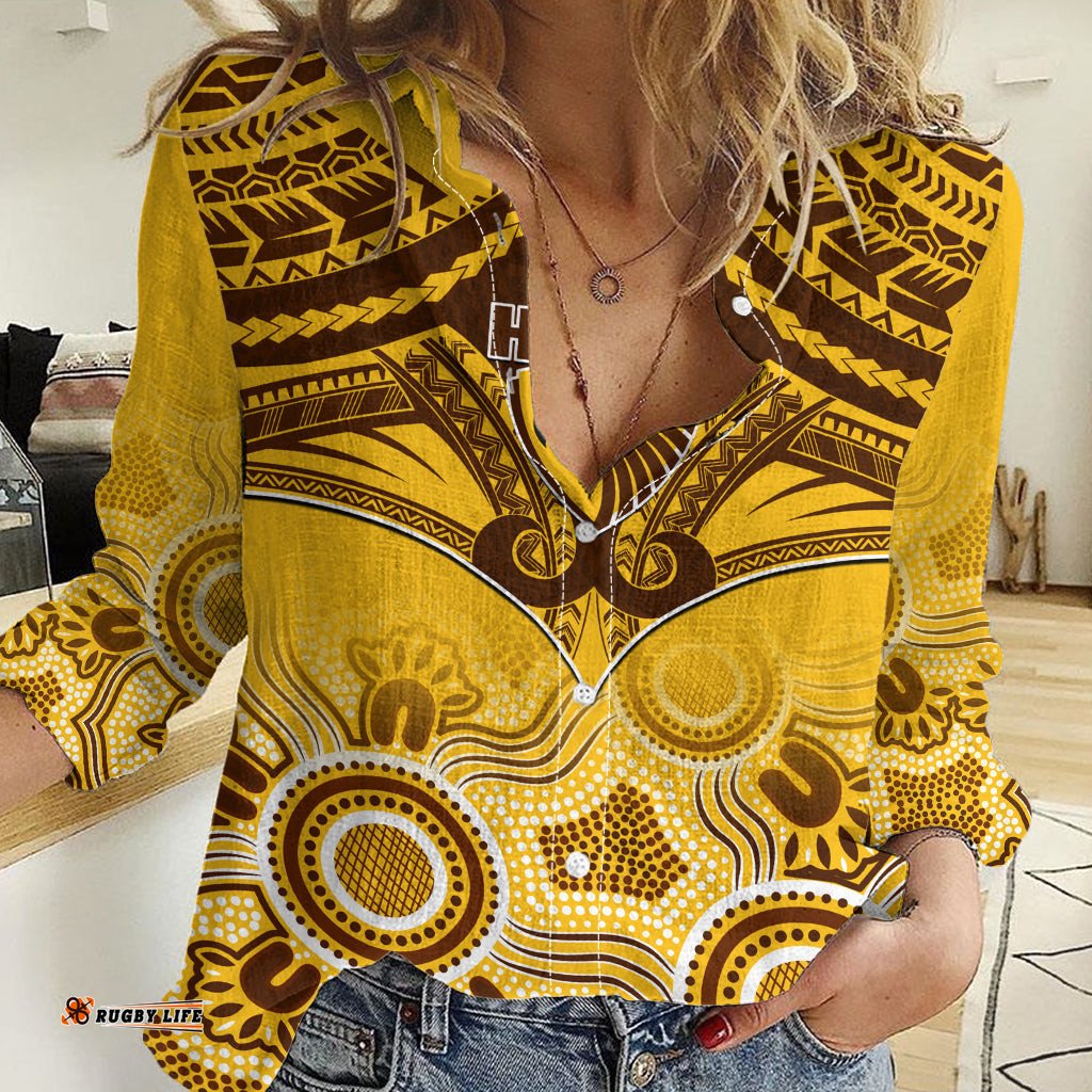 Hawthorn Football Women Casual Shirt Hawks Aboriginal Mix Polynesian Pattern