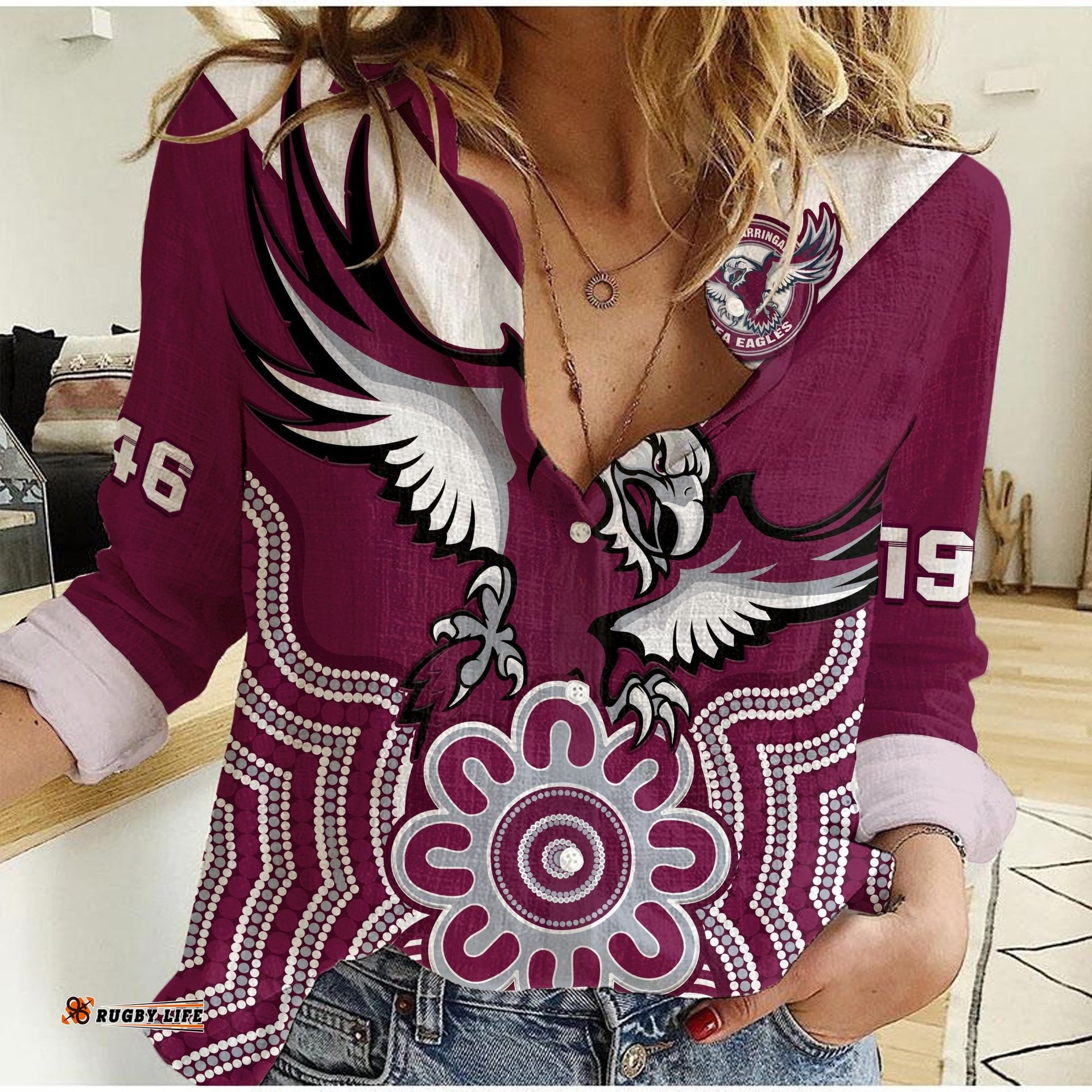 Sea Eagles Rugby Women Casual Shirt Manly Warringah Indigenous Art