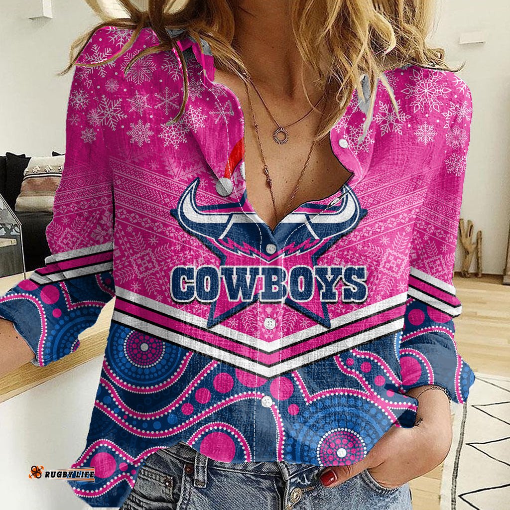 Custom Cowboys Rugby Christmas Women Casual Shirt Merry Xmas 2023 Mix Aboriginal Art Pink Version