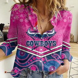 Custom Cowboys Rugby Christmas Women Casual Shirt Merry Xmas 2023 Mix Aboriginal Art Pink Version