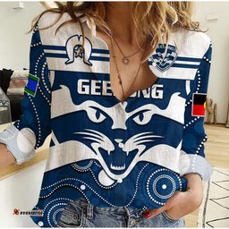 Custom Text And Number Geelong Football NAIDOC 2023 Women Casual Shirt Cats For Our Elders Indigenous Art