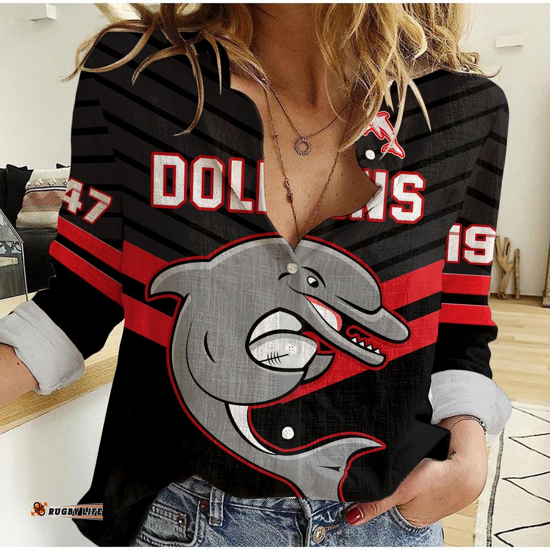 Custom Text And Number Dolphins Rugby Women Casual Shirt Sporty Style Ver.03