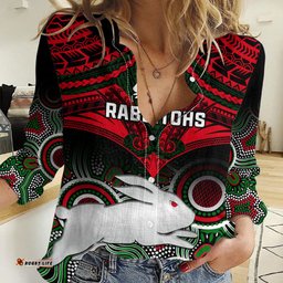 Personalised Rabbitohs Rugby Women Casual Shirt Souths 1908 Aboriginal Mix Polynesian Pattern