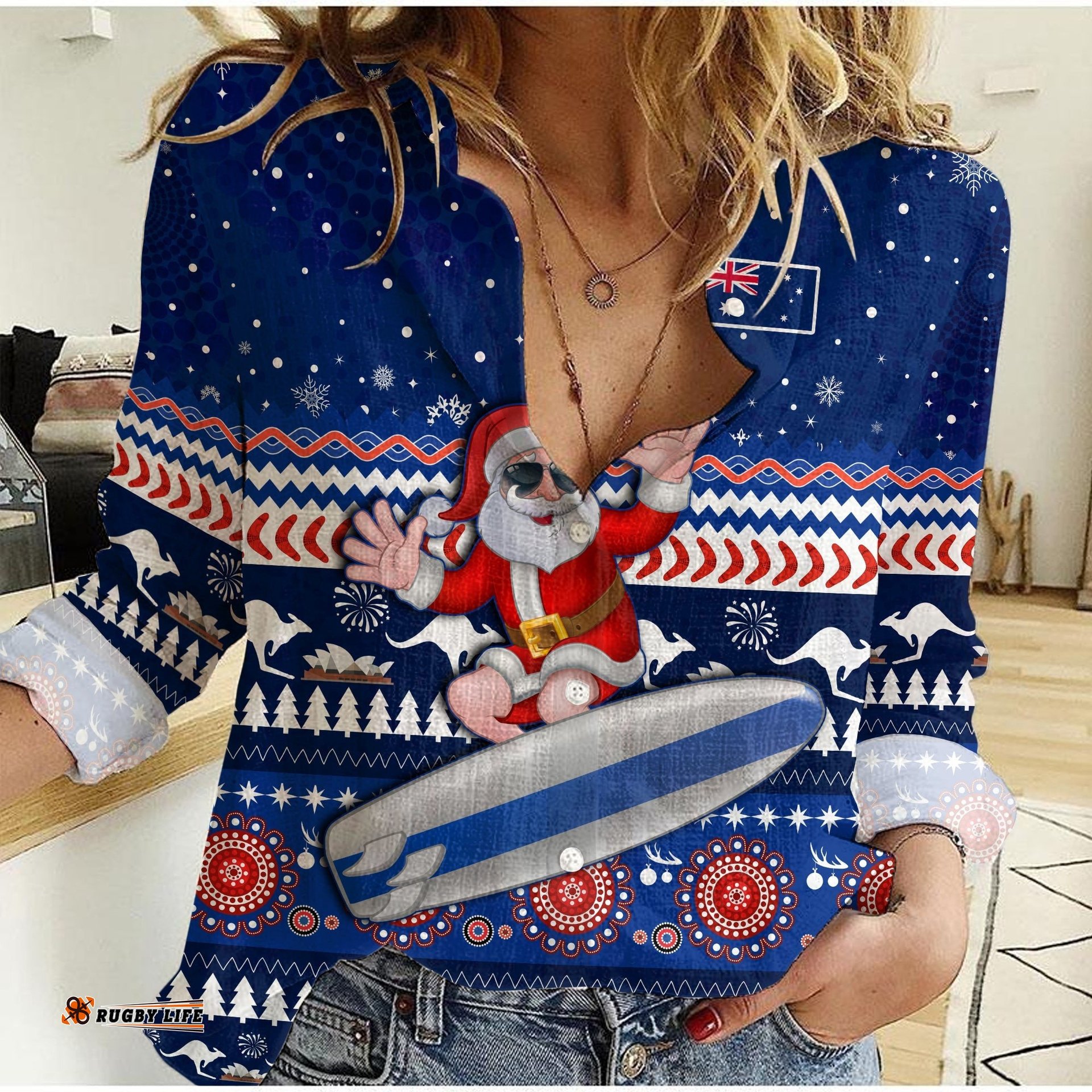 Custom Personalised Australia Christmas Women Casual Shirt Aussie Aboriginal Santa Claus is Surfing with Kangaroo