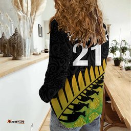 Custom Australia Wallabies and Aotearoa Rugby Women Casual Shirt Kangaroo Black Fern Maori Gradient Vibe