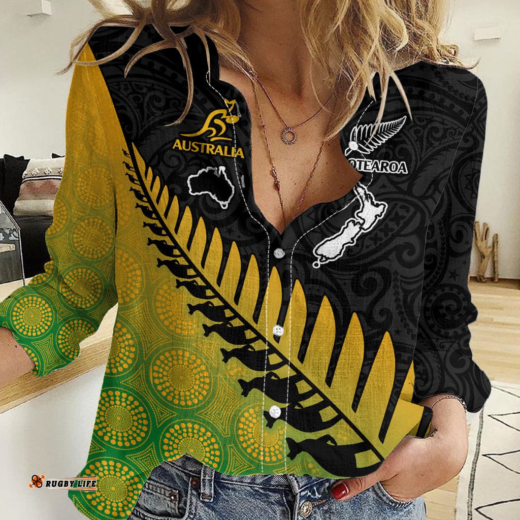 Custom Australia Wallabies and Aotearoa Rugby Women Casual Shirt Kangaroo Black Fern Maori Gradient Vibe