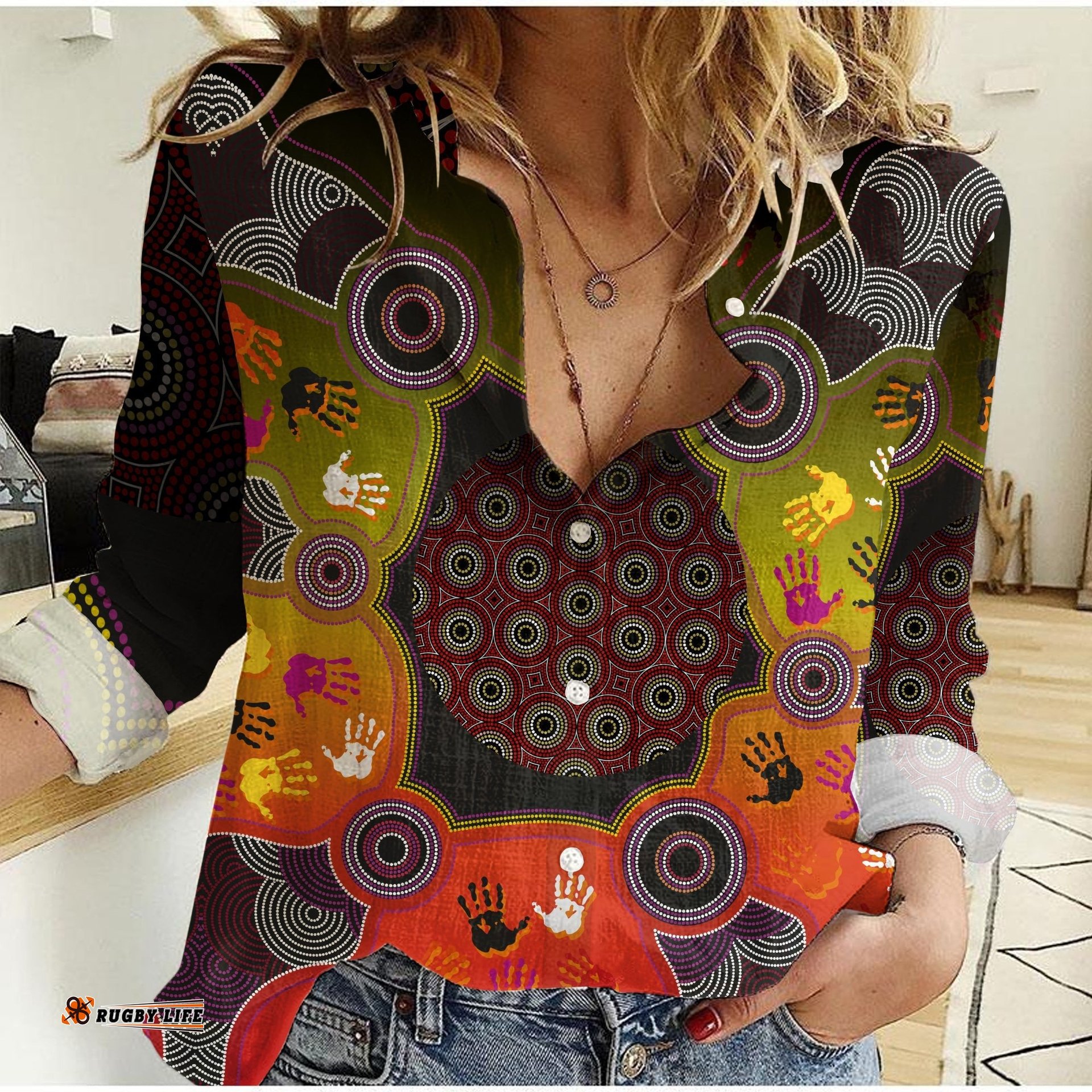 Women Casual Shirt Indigenous Circle Dot Painting Hand Art