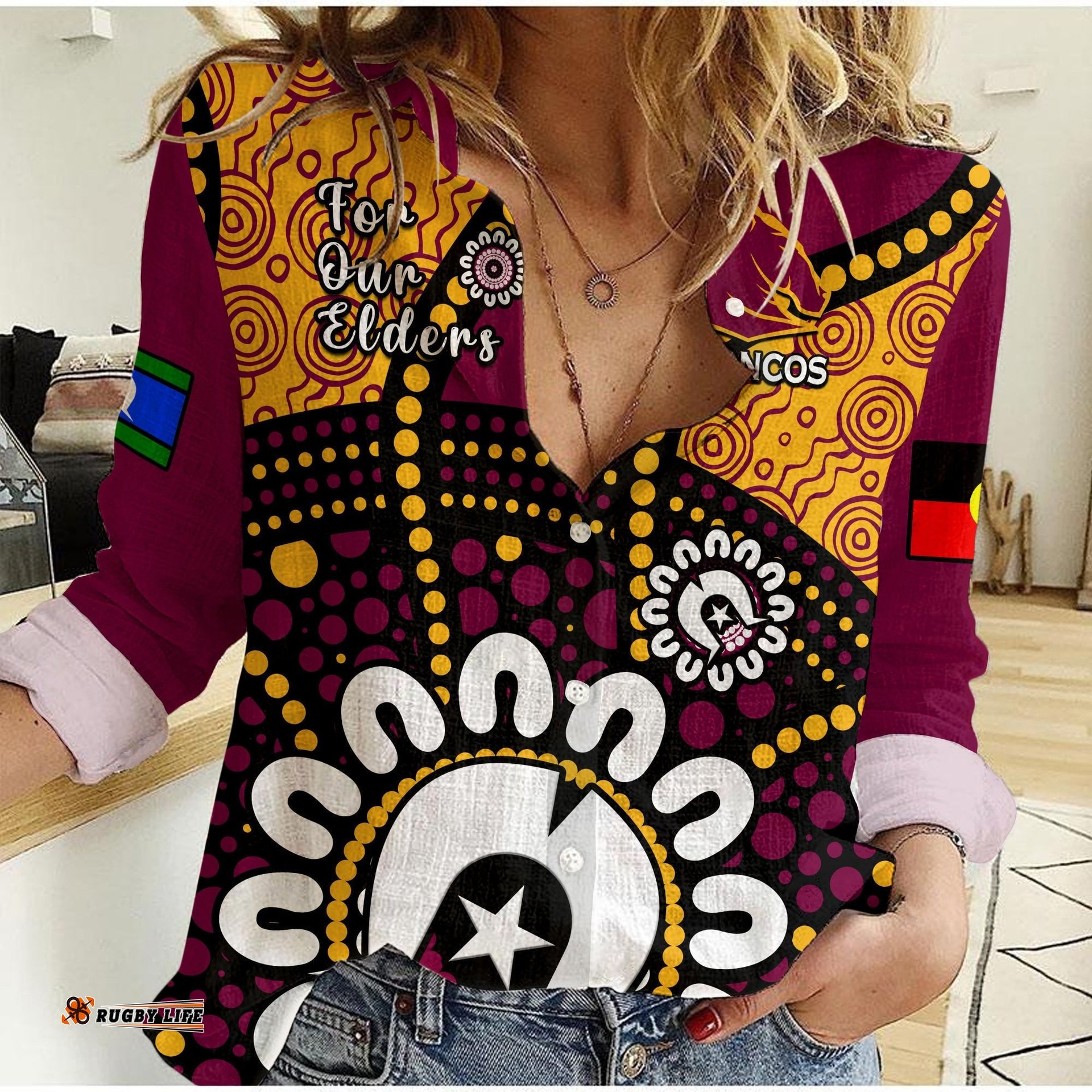 Brisbane Broncos Rugby NAIDOC 2023 Women Casual Shirt For Our Elders Aboriginal