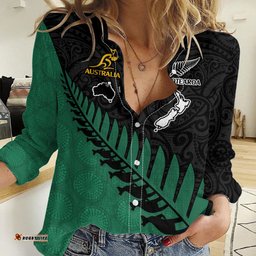 Custom Australia Wallabies and Aotearoa Rugby Women Casual Shirt Kangaroo Black Fern Maori Green Vibe
