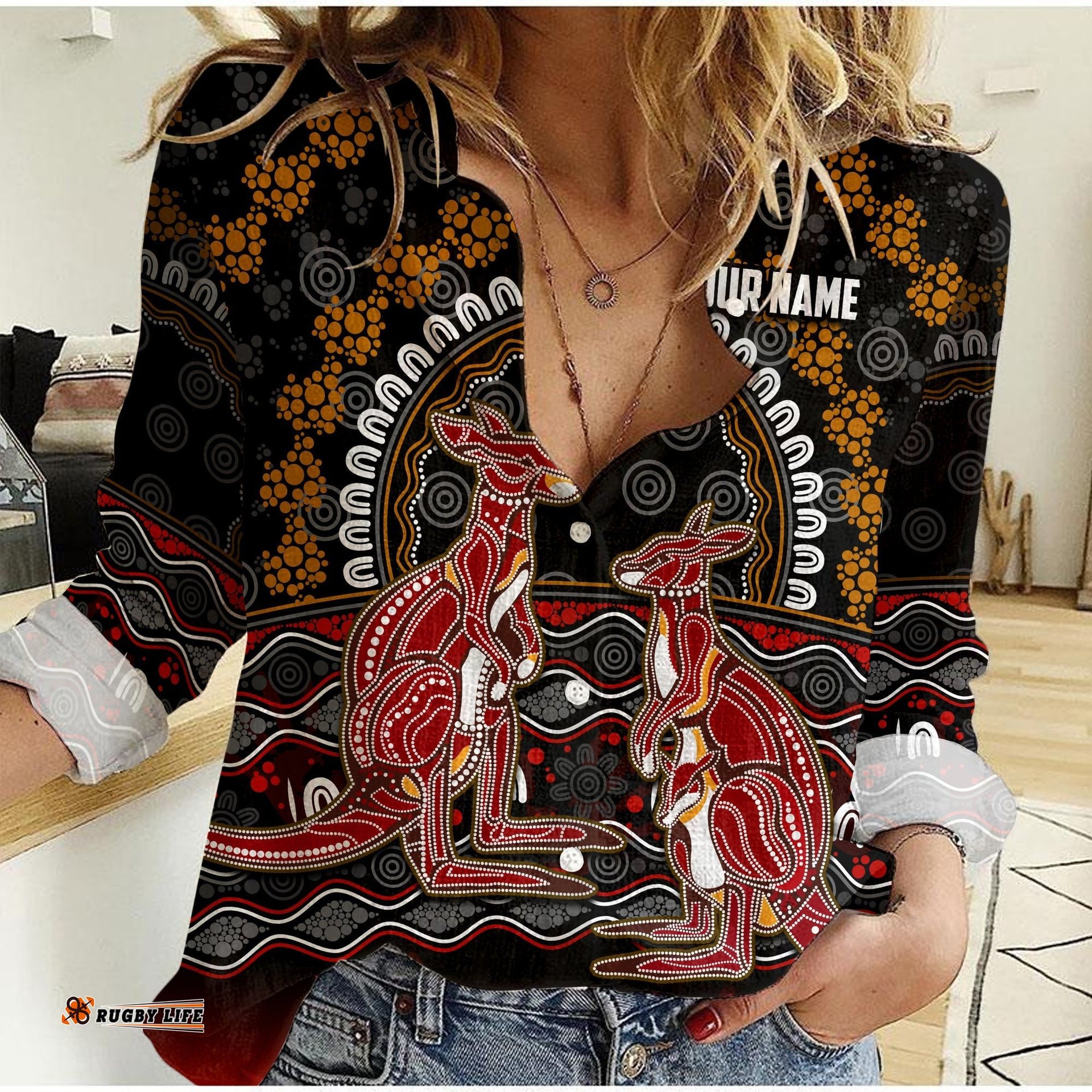 Custom Personalised Australia Valentine Women Casual Shirt Aboriginal Couple Kangaroos MY LOVE