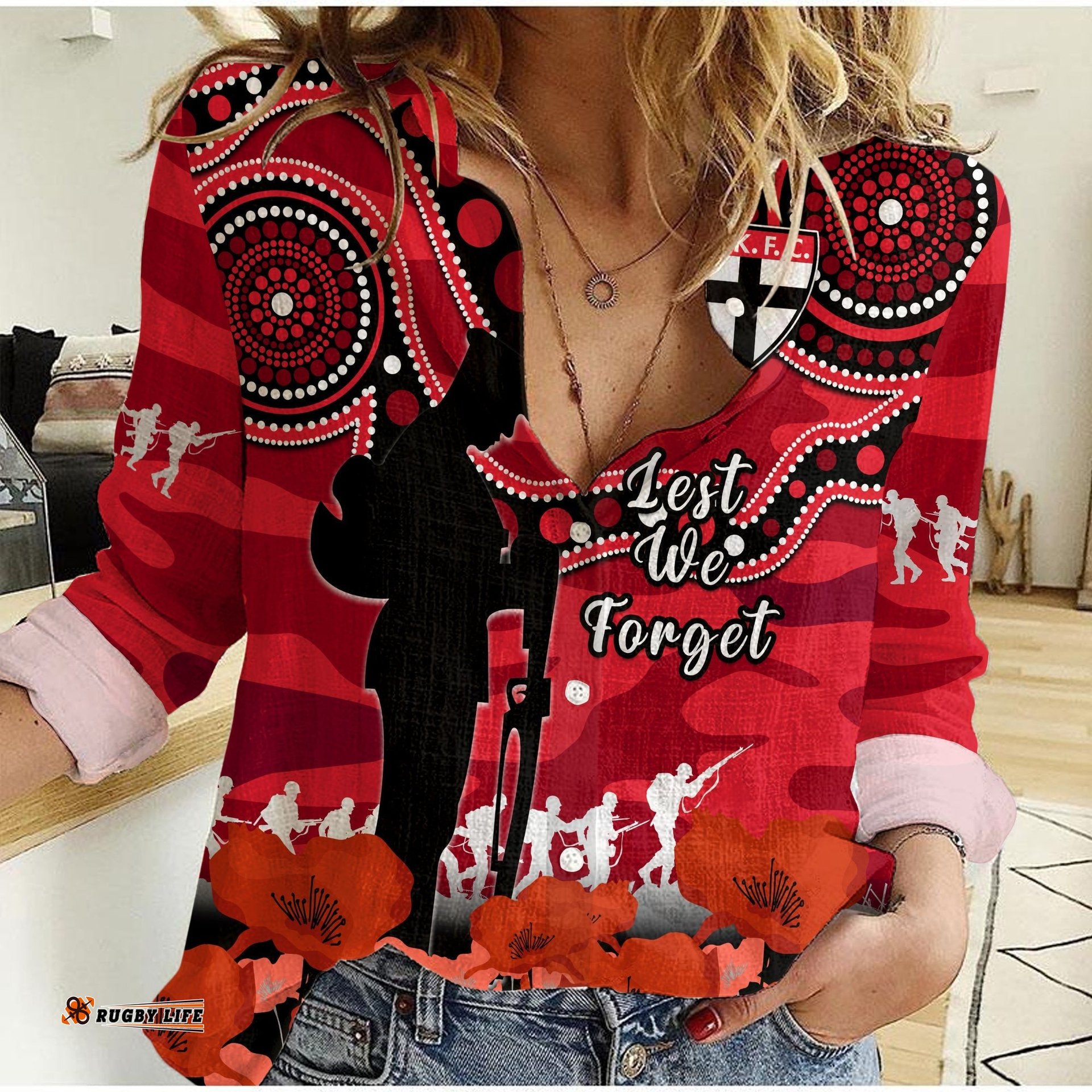 Custom Text And Number St Kilda Football ANZAC 2023 Women Casual Shirt Saints Aboriginal Mix Poppy Camouflage