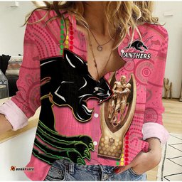 Panthers Rugby Women Casual Shirt The Riff 2022 Premiers Aboriginal Pink