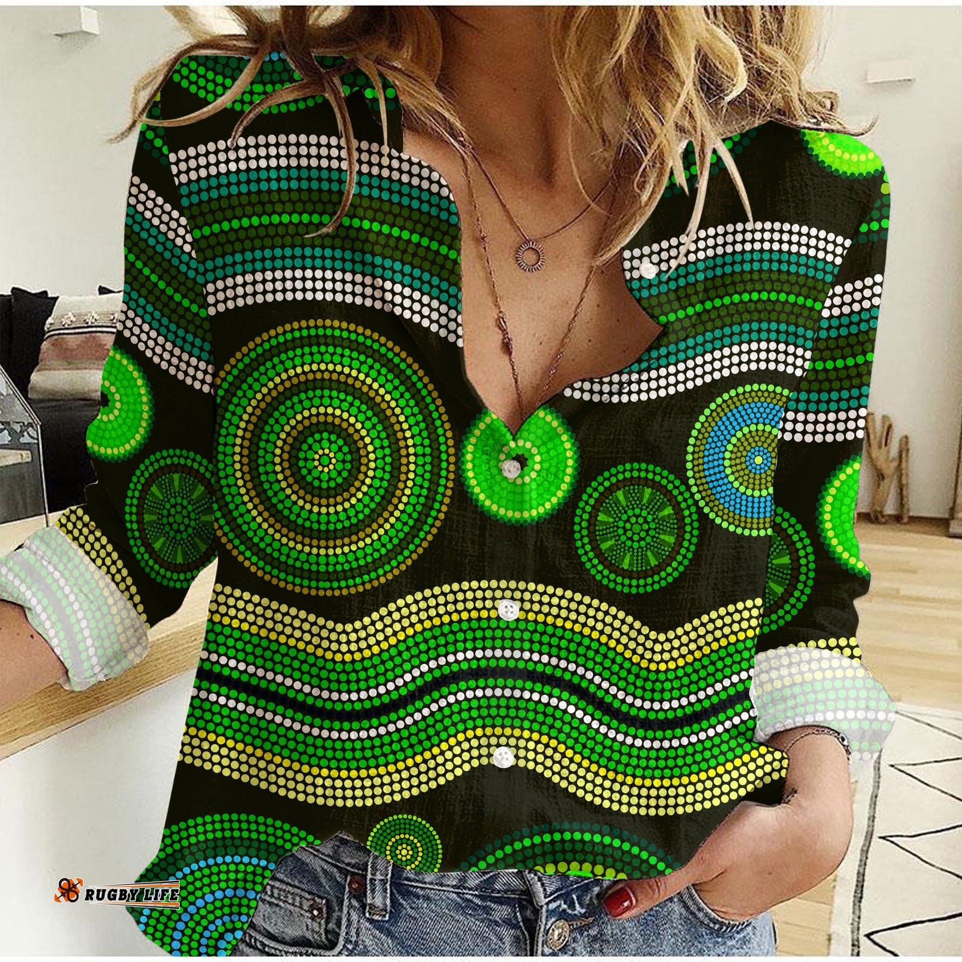 Women Casual Shirt Aboriginal Dot Unique Style Green