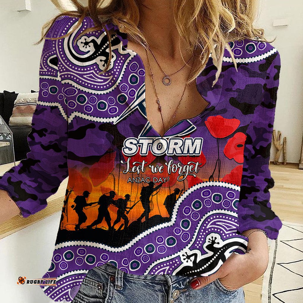 Custom Personalised Anzac Day NRL - Storm Women Casual Shirt Aboriginal Lizard Patterns