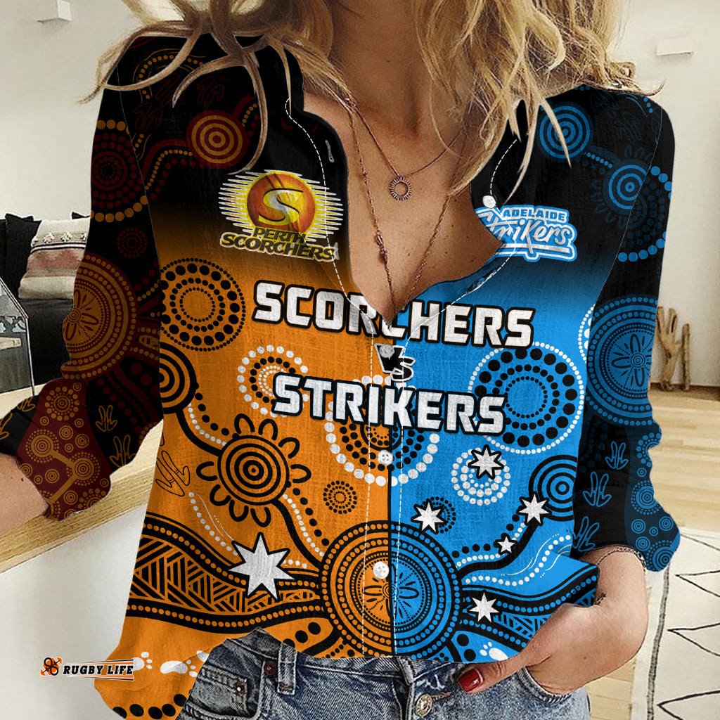 Custom Text And Number Perth Scorchers and Adelaide Strikers Cricket Women Casual Shirt Aboriginal Art