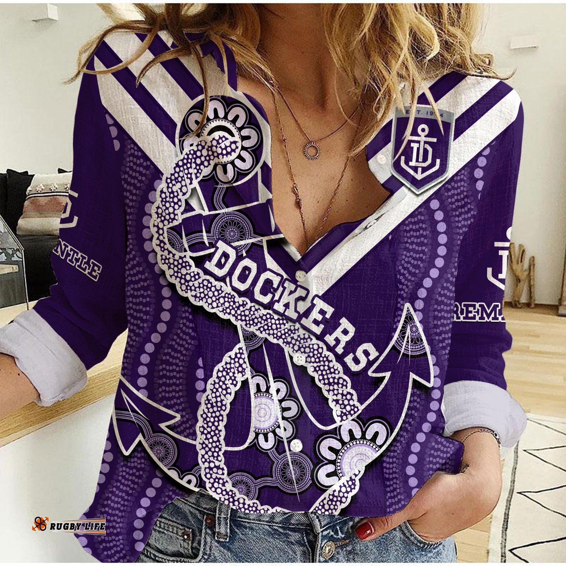 Dockers Football Women Casual Shirt Fremantle Anchor Mix Aboriginal Pattern Dynamic Style
