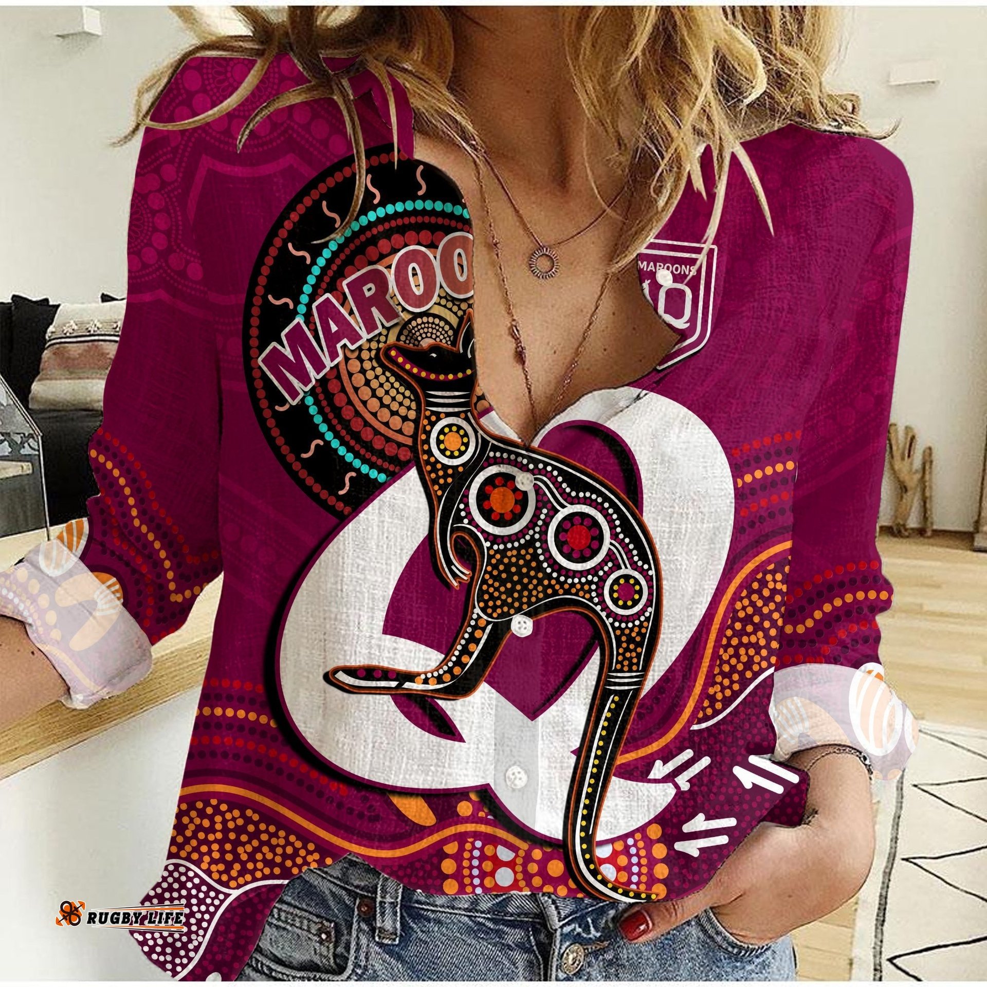 Custom Text and Number Maroons Rugby Women Casual Shirt Queensland Kangaroo Aboriginal Dot Paintings