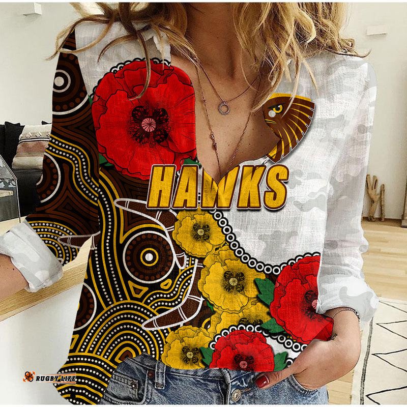 Custom Personalised Anzac Day AFL-Hawks Army Mix Aboriginal Women Casual Shirt