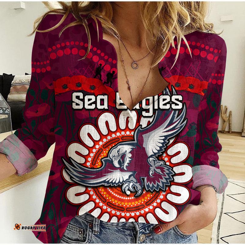 Custom Personalised Sea Eagles Rugby ANZAC Women Casual Shirt Camouflage Poppy