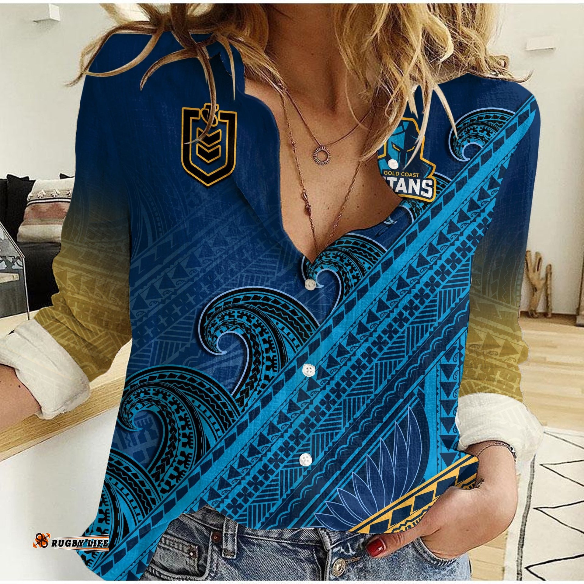 Custom Text And Number Gold Coast Titans Rugby Women Casual Shirt Pasifika Gradient Polynesian Pattern