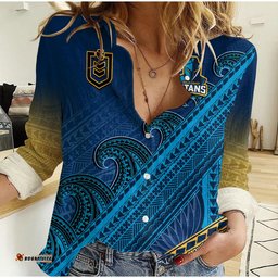 Custom Text And Number Gold Coast Titans Rugby Women Casual Shirt Pasifika Gradient Polynesian Pattern