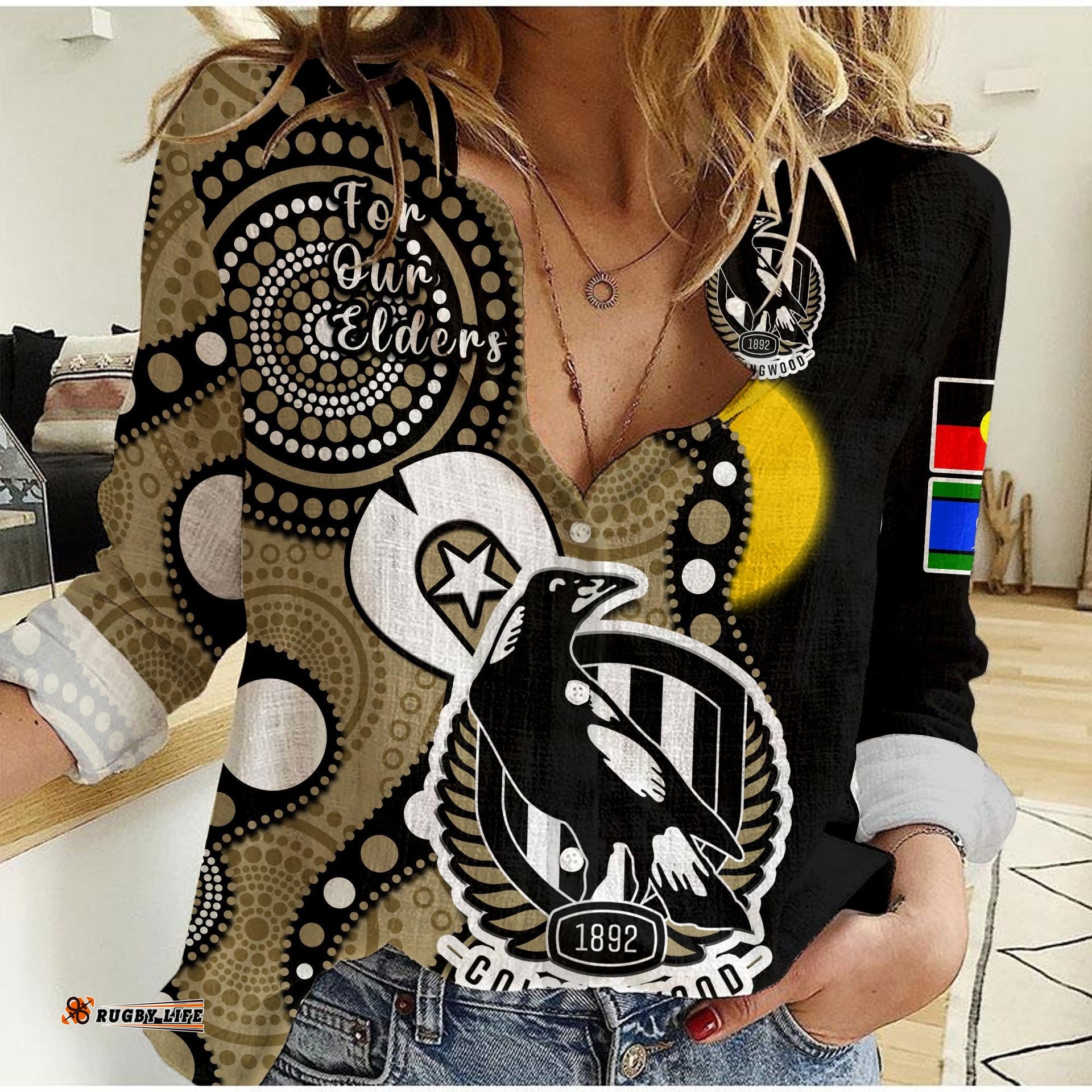Custom Text And Number Collingwood Football NAIDOC 2023 Women Casual Shirt Magpies For Our Elders Indigenous Art