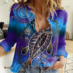 Australia Fishing Women Casual Shirt Hooked On Fishing With Aboriginal Patterns