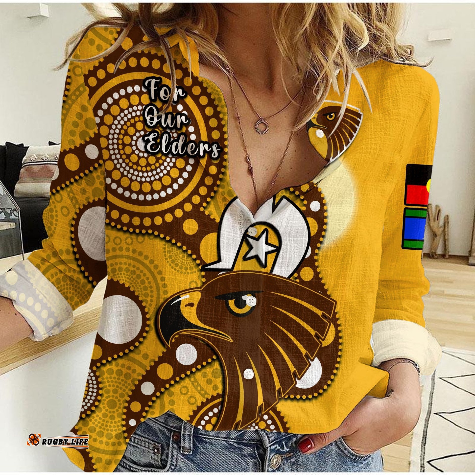 Custom Text And Number Hawthorn Football NAIDOC 2023 Women Casual Shirt Hawks For Our Elders Indigenous