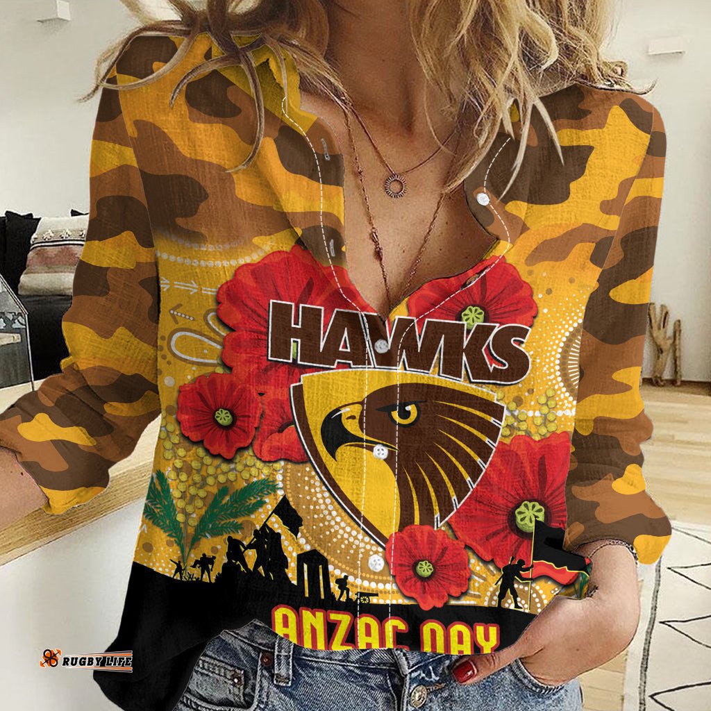 Custom Hawks Football ANZAC Women Casual Shirt Gallipoli Camouflage With Poppies