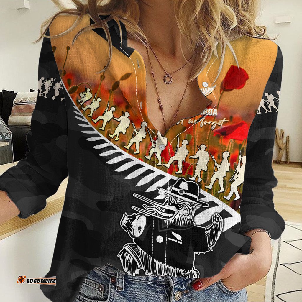 New Zealand ANZAC Rugby Women Casual Shirt Soldier Fern With Kiwi Bird